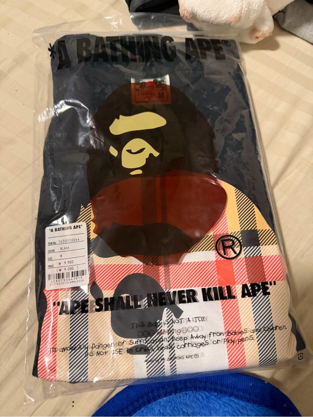 Bape Black Tee with Multicolor Plaid Ape Head Graphic
